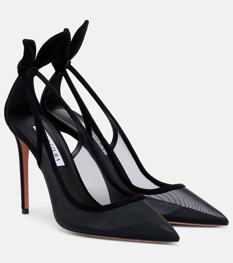 Bow Tie suede-trimmed mesh pumps