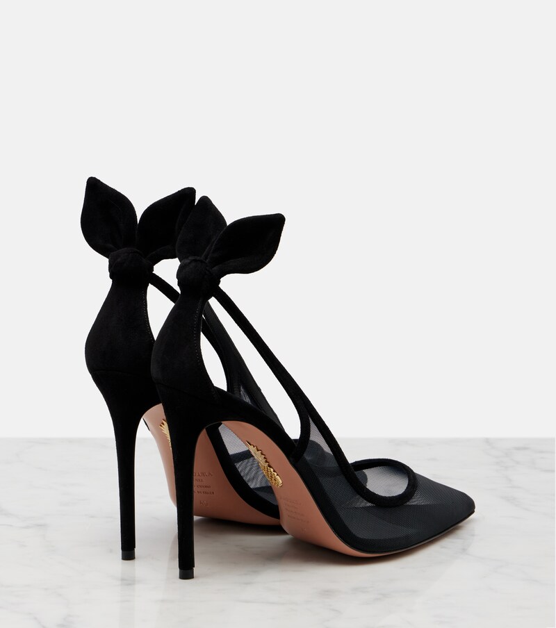 Bow Tie suede-trimmed mesh pumps