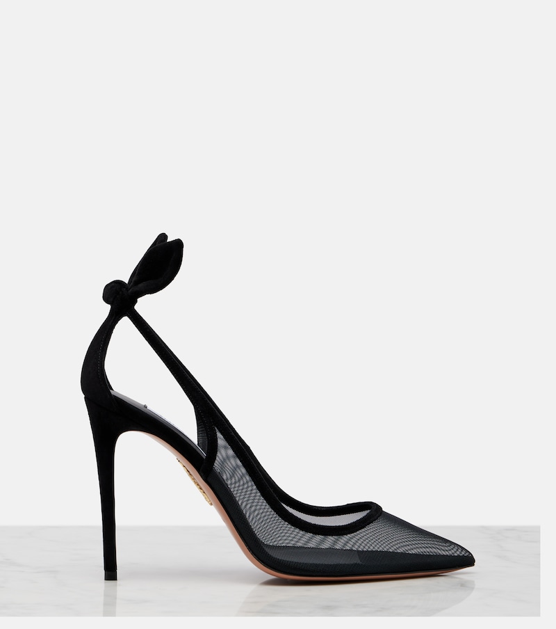 Bow Tie suede-trimmed mesh pumps