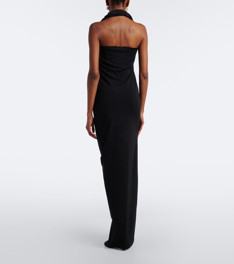 Floral-appliqué wool-blend gown