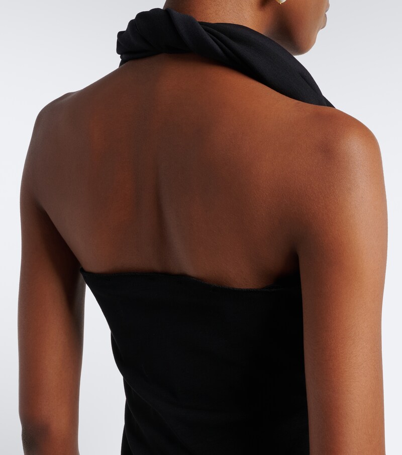 Floral-appliqué wool-blend gown
