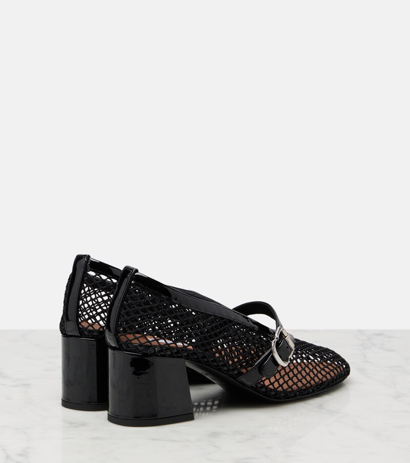 Fishnet leather-trimmed Mary Jane pumps