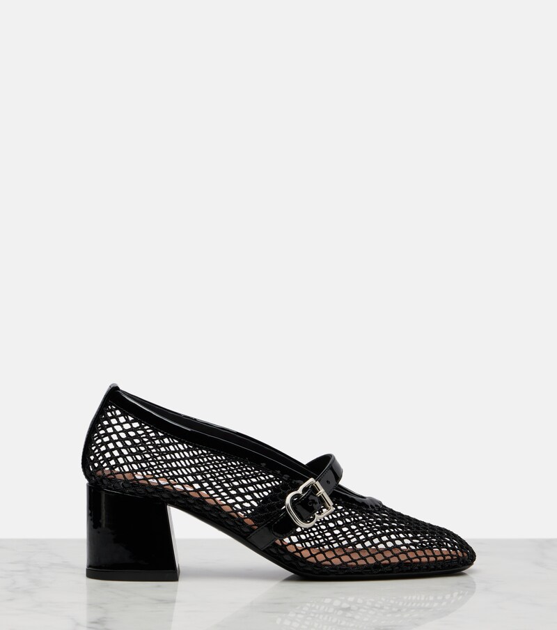Fishnet leather-trimmed Mary Jane pumps