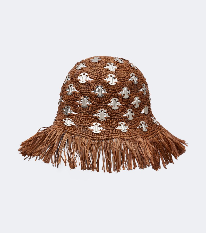 Fringed studded raffia bucket hat