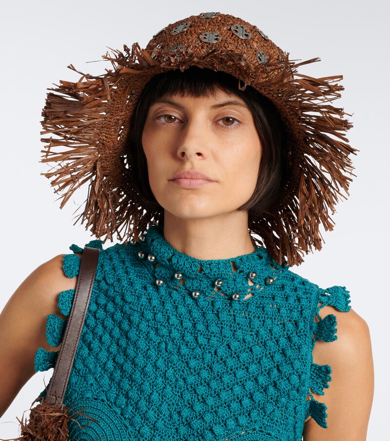Fringed studded raffia bucket hat