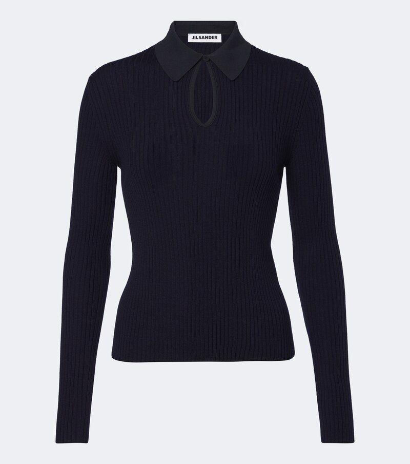 Cutout ribbed-knit wool polo sweater