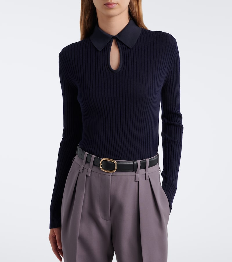 Cutout ribbed-knit wool polo sweater
