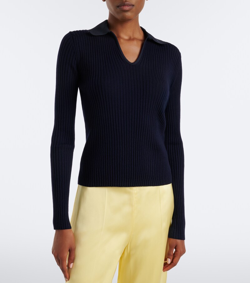 Cutout ribbed-knit wool polo sweater