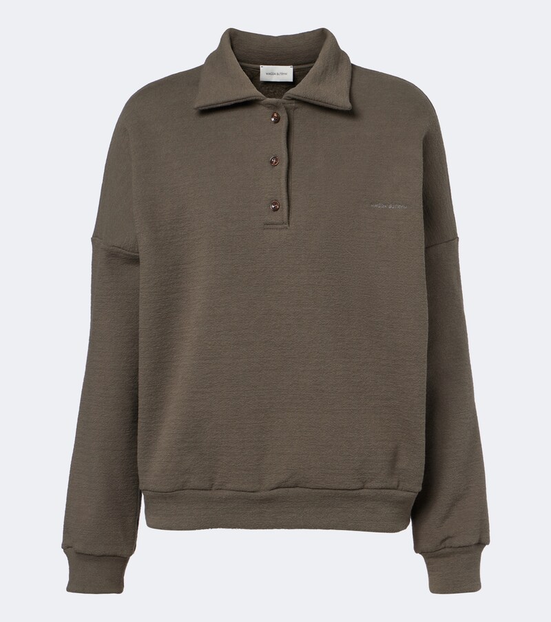 Cotton-blend fleece polo sweater