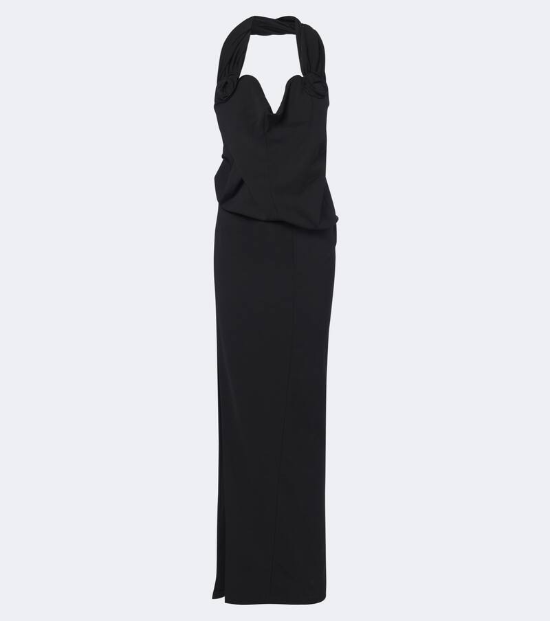 Floral-appliqué wool-blend gown