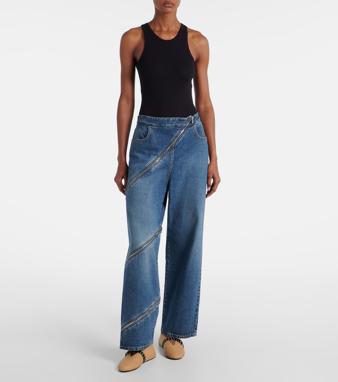 Leather-trimmed straw ballet flats | Alaïa