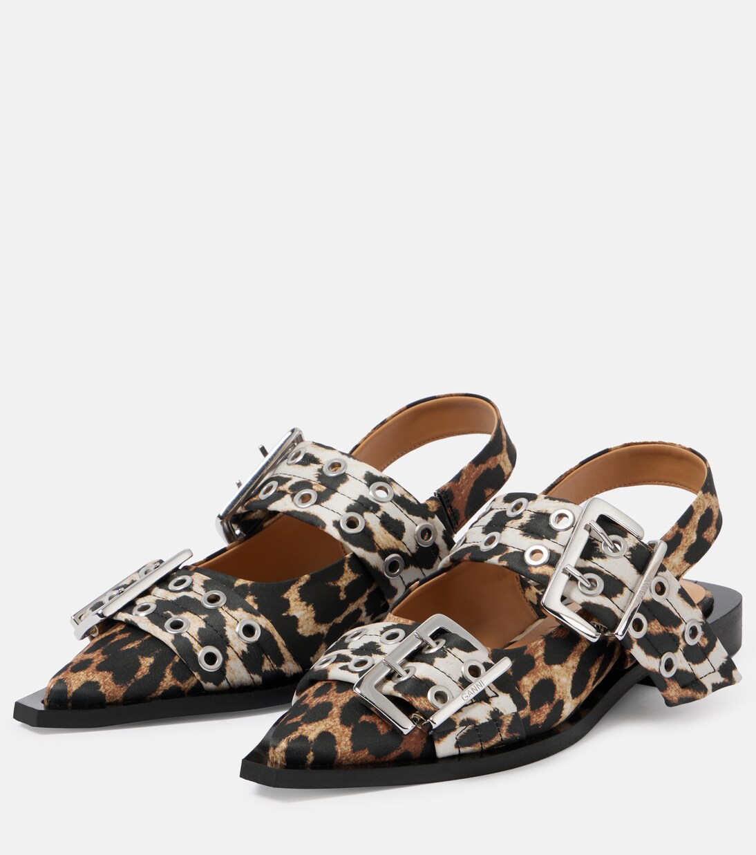 Leopard-print satin slingback flats | Ganni