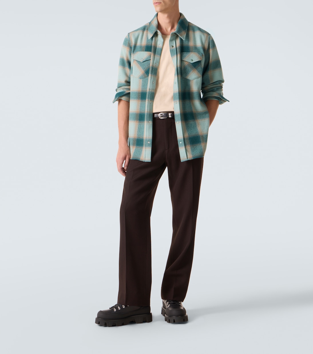 Shadow plaid cashmere shirt with emerald | God's True Cashmere