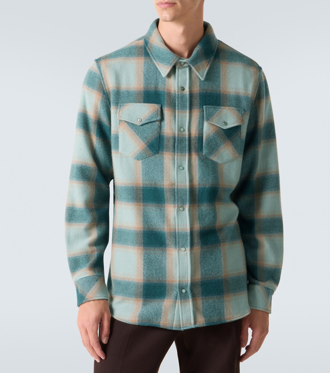 Shadow plaid cashmere shirt with emerald | God's True Cashmere