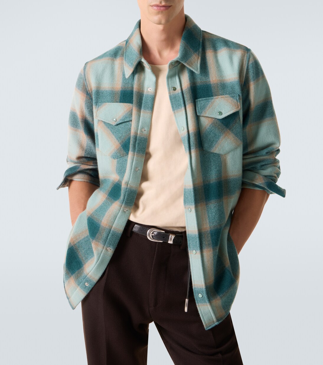 Shadow plaid cashmere shirt with emerald | God's True Cashmere