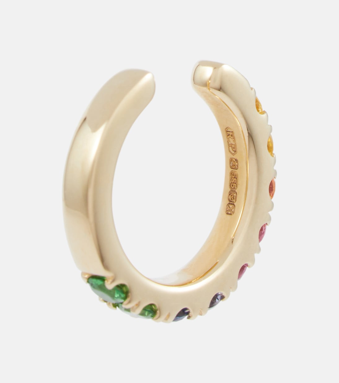 Orb Medium 14kt gold single ear cuff with sapphires and tsavorites | Robinson Pelham