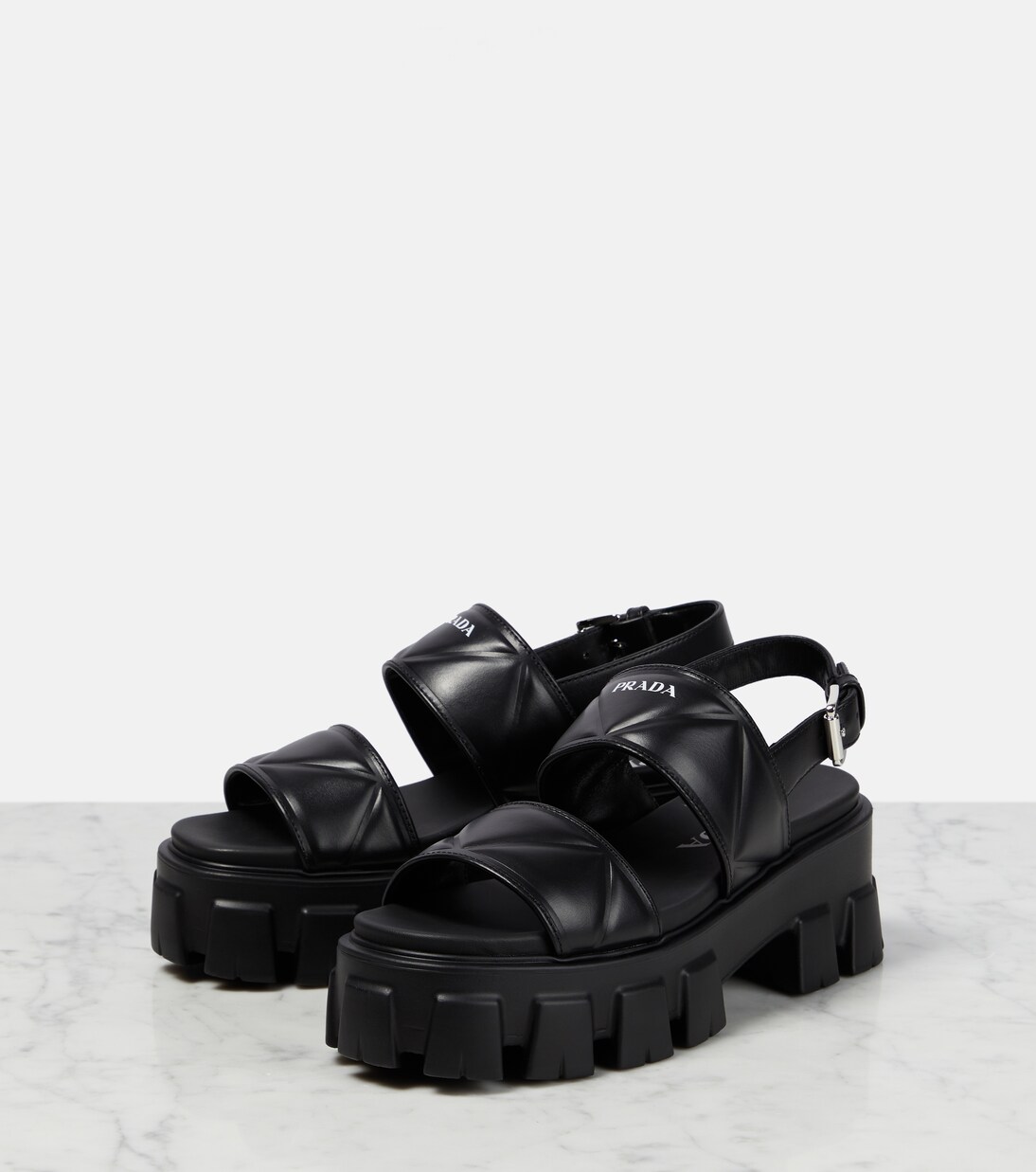 Monolith leather platform sandals in black - Prada | Mytheresa