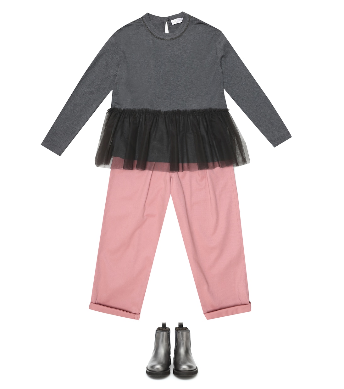 Longsleeve aus Baumwolle mit Tüll | Brunello Cucinelli Kids