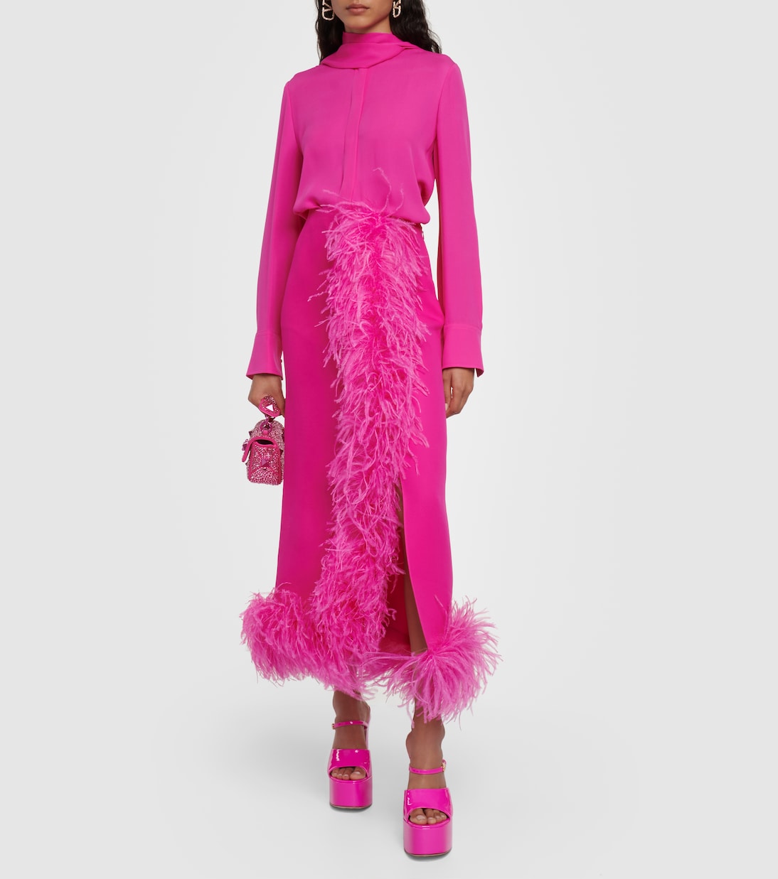 Feather-trimmed silk cady midi skirt | Valentino