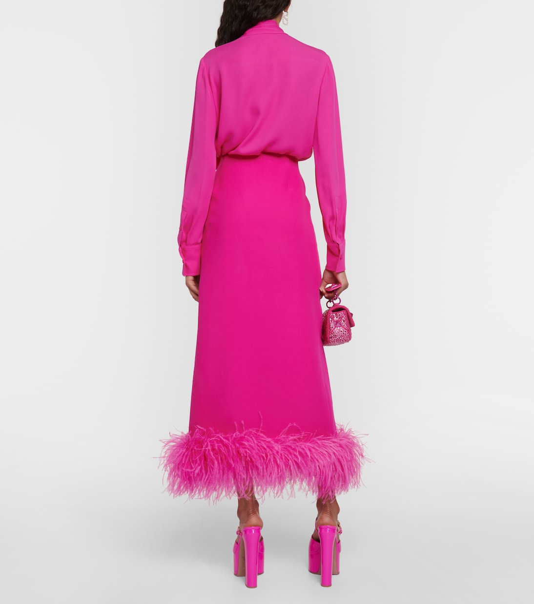 Feather-trimmed silk cady midi skirt | Valentino