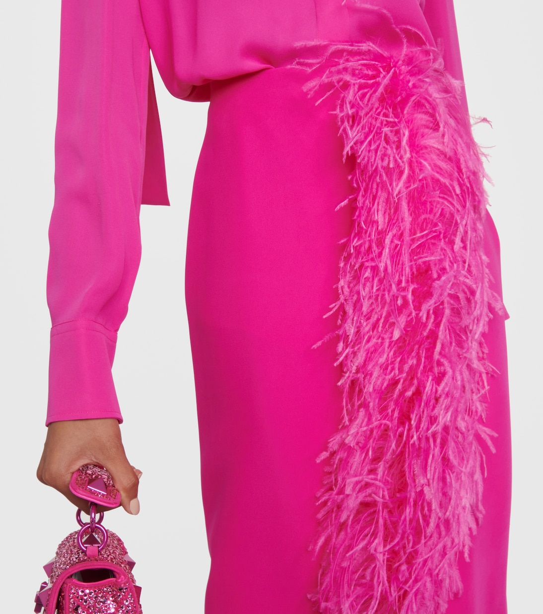 Feather-trimmed silk cady midi skirt | Valentino
