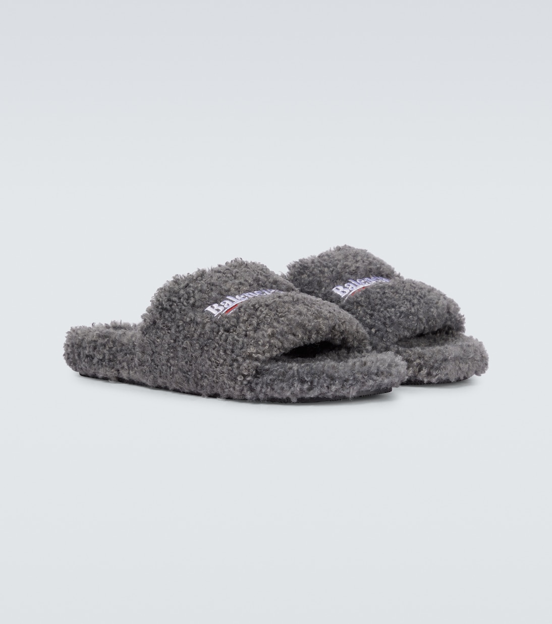 Political Campaign Furry slides in grey - Balenciaga | Mytheresa