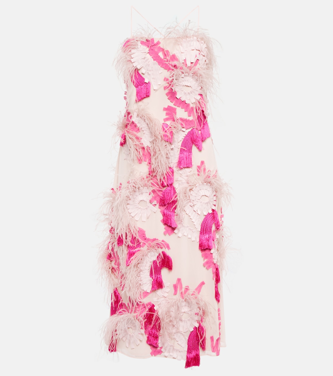 Feather-trimmed embroidered midi dress | Xu Zhi