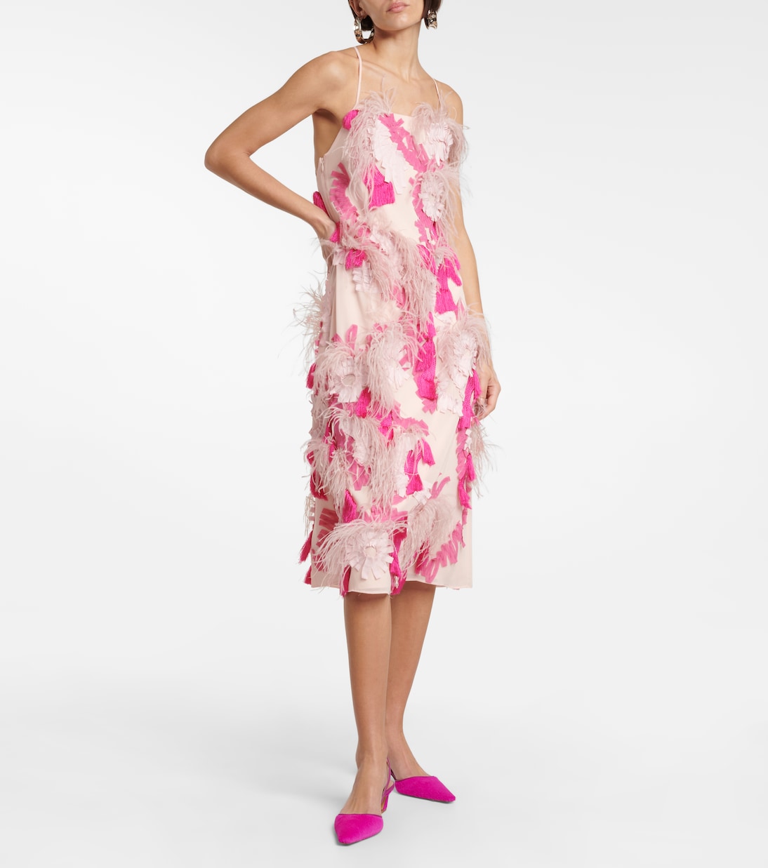 Feather-trimmed embroidered midi dress | Xu Zhi