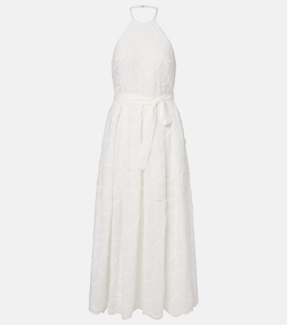 Embroidered belted cotton-blend midi dress | Elie Saab