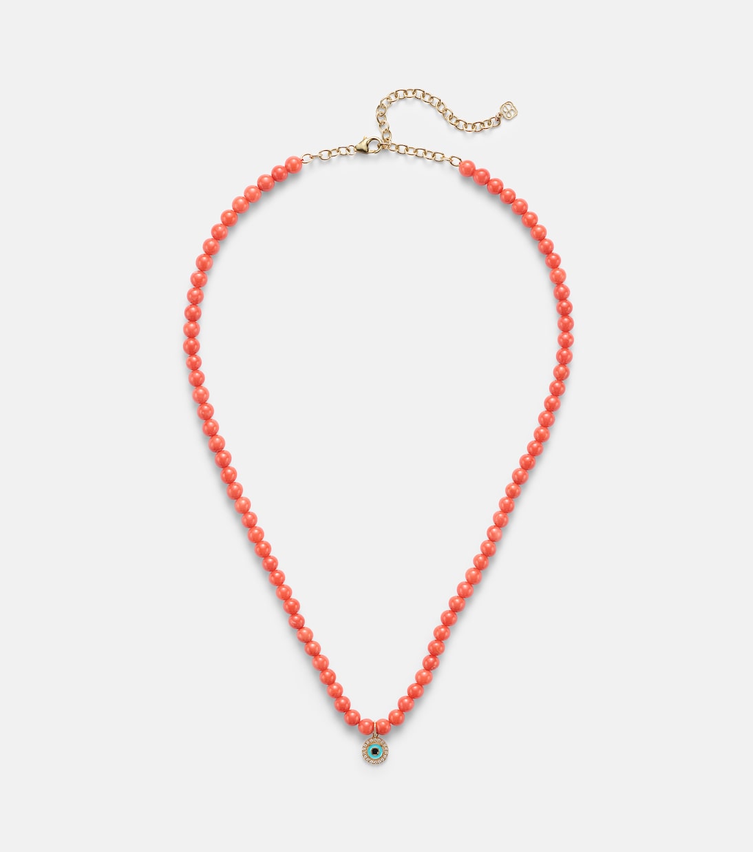 Collana in oro 14kt con perle di corallo e diamanti, design Evil Eye di Sydney Evan per giovani trendy