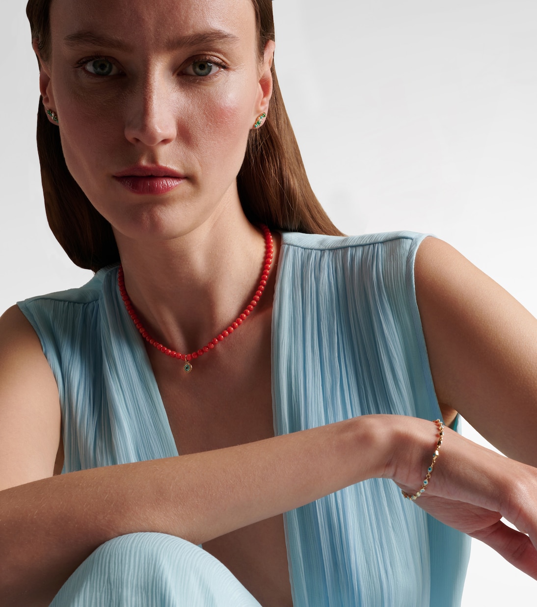 Collier Evil Eye en or 14 ct, perles de corail et diamants | Sydney Evan