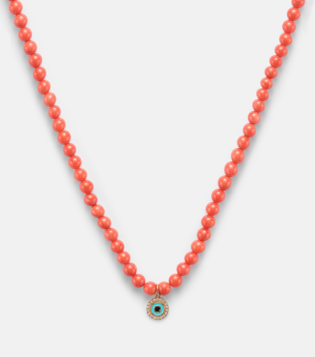 Collana in oro 14kt con perle di corallo e diamanti, design Evil Eye di Sydney Evan per giovani trendy
