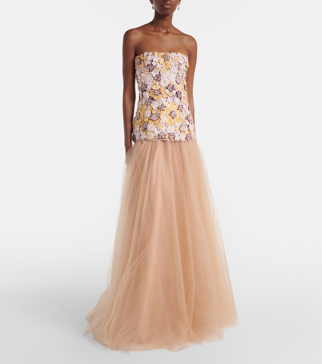 Theia floral-appliqué sequined tulle gown | Costarellos