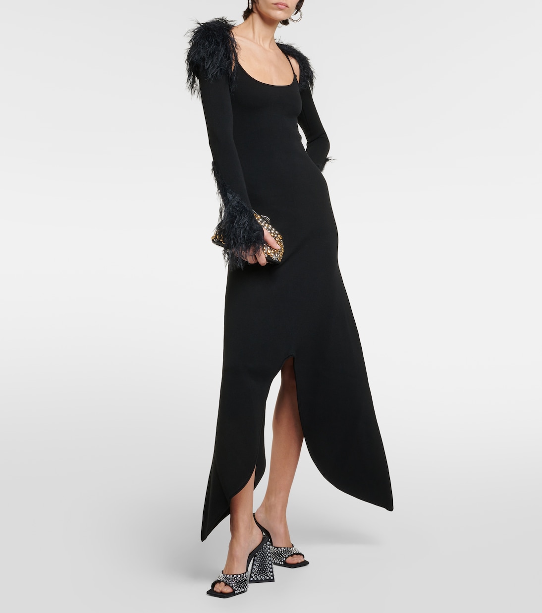 Vestido largo de jersey con plumas | The Attico