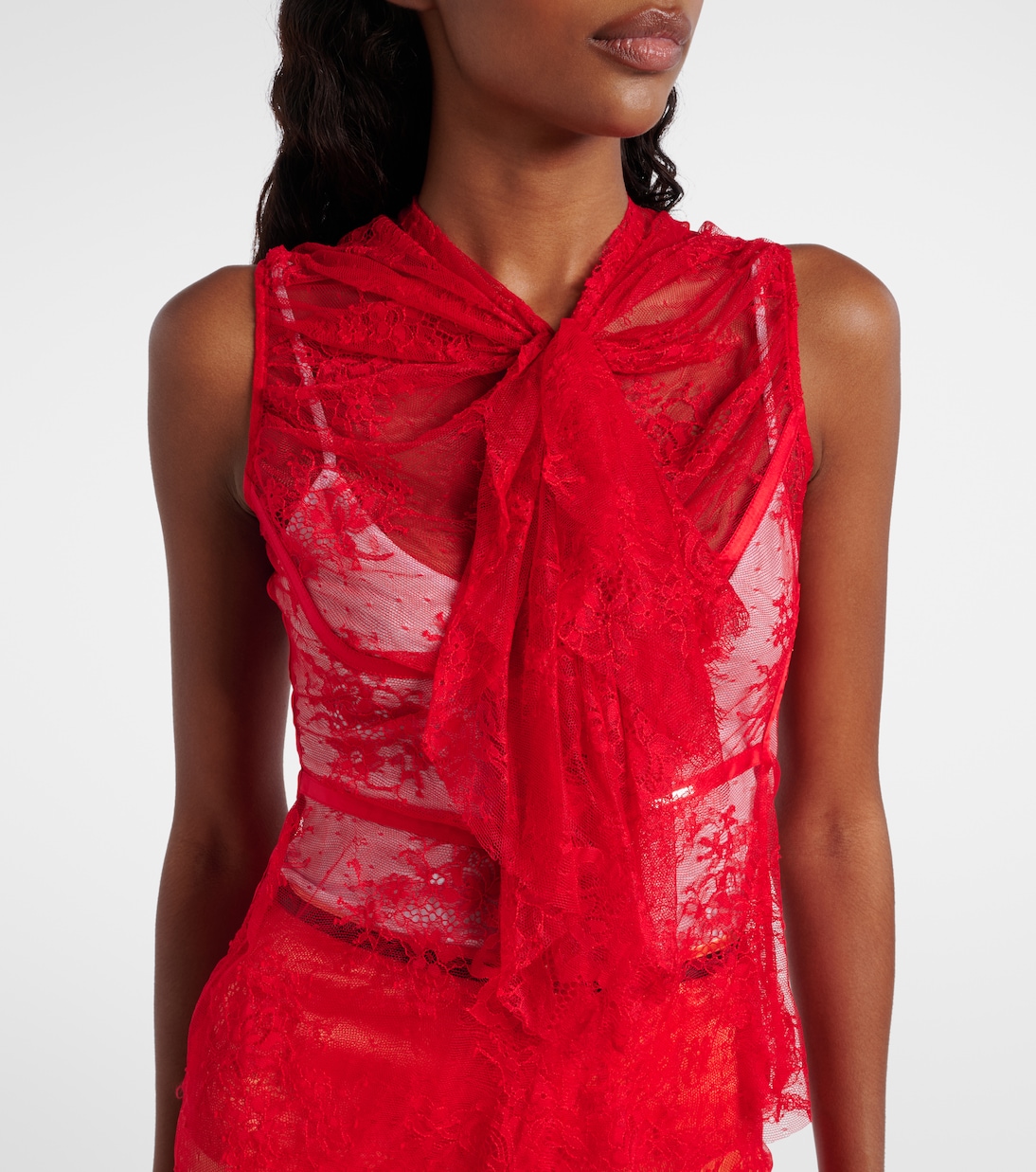Tie-neck silk-trimmed lace top | Jacques Wei