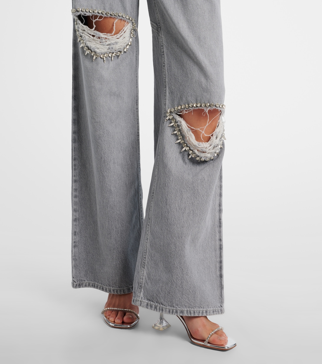Distressed embellished wide-leg jeans | Area