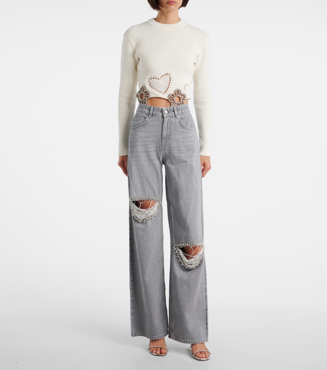 Distressed embellished wide-leg jeans | Area