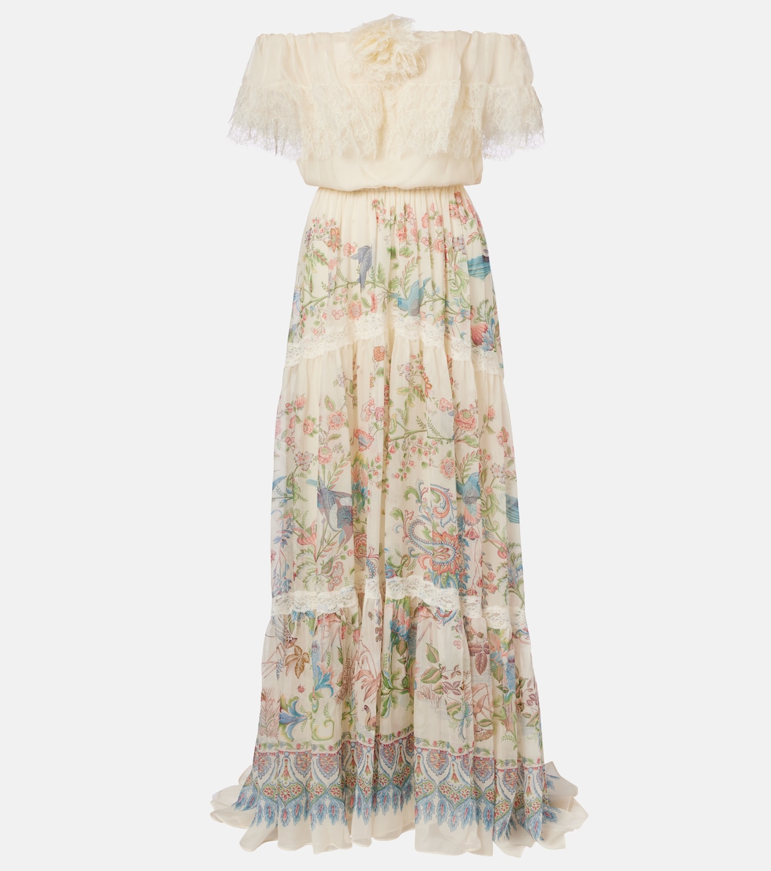 Lace-trimmed printed off-shoulder silk maxi dress | Etro