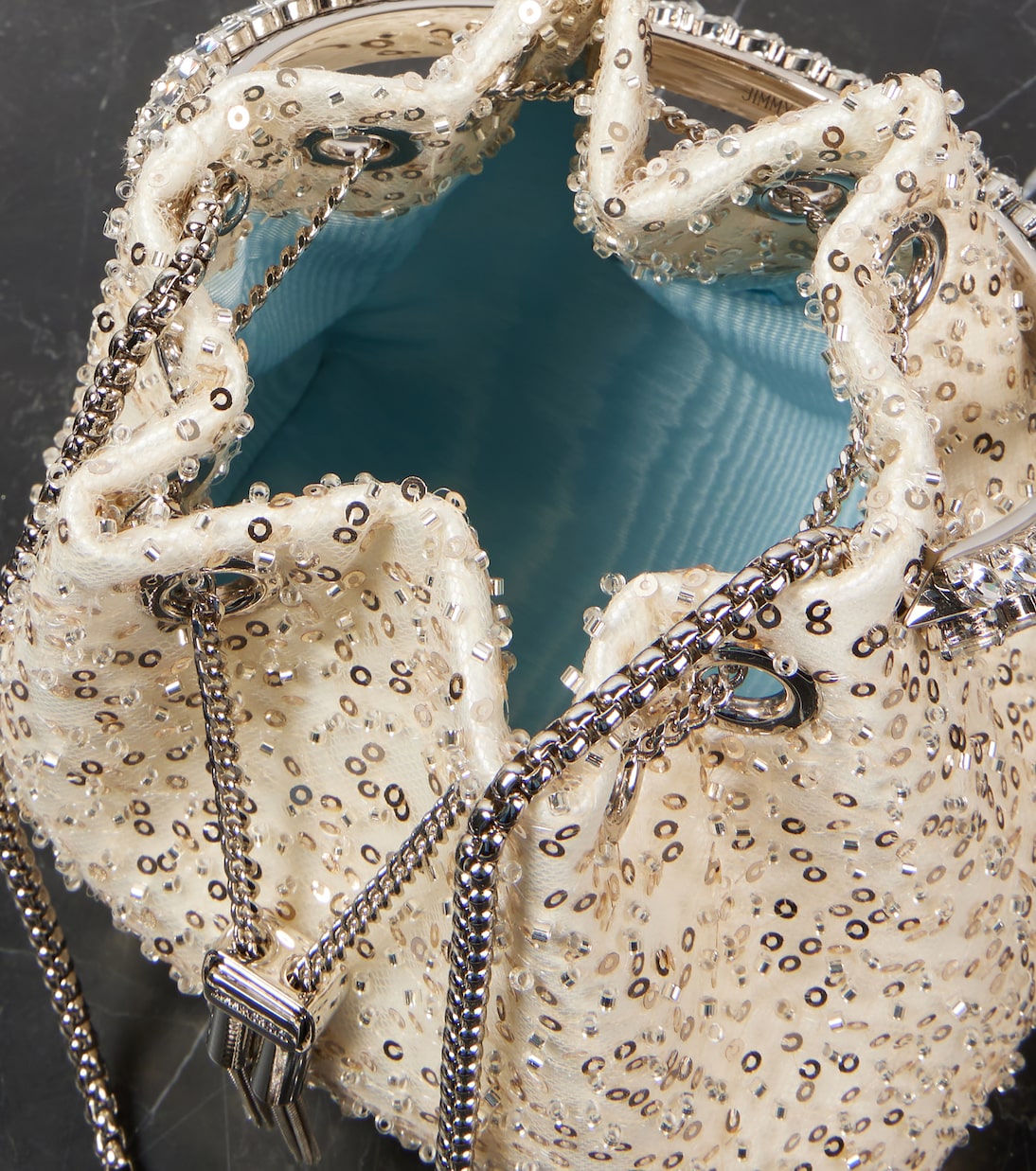 Bucket-Bag Bon Bon mit Kristallen und Pailletten | Jimmy Choo