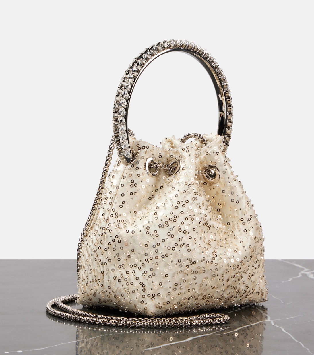 Bucket-Bag Bon Bon mit Kristallen und Pailletten | Jimmy Choo