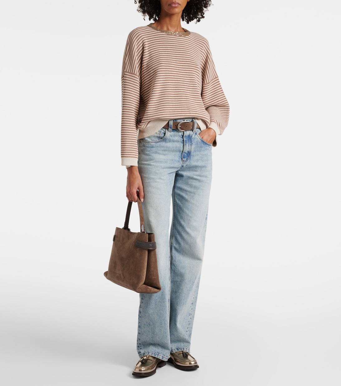 Pullover in cotone a righe con monili | Brunello Cucinelli