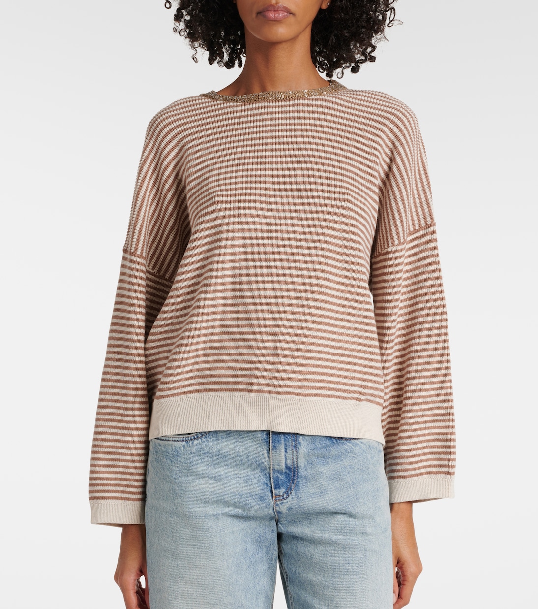 Pullover in cotone a righe con monili | Brunello Cucinelli