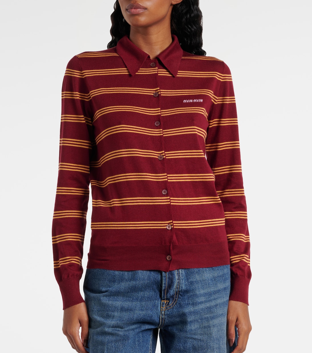 Cardigan in cashmere e seta a righe | Miu Miu