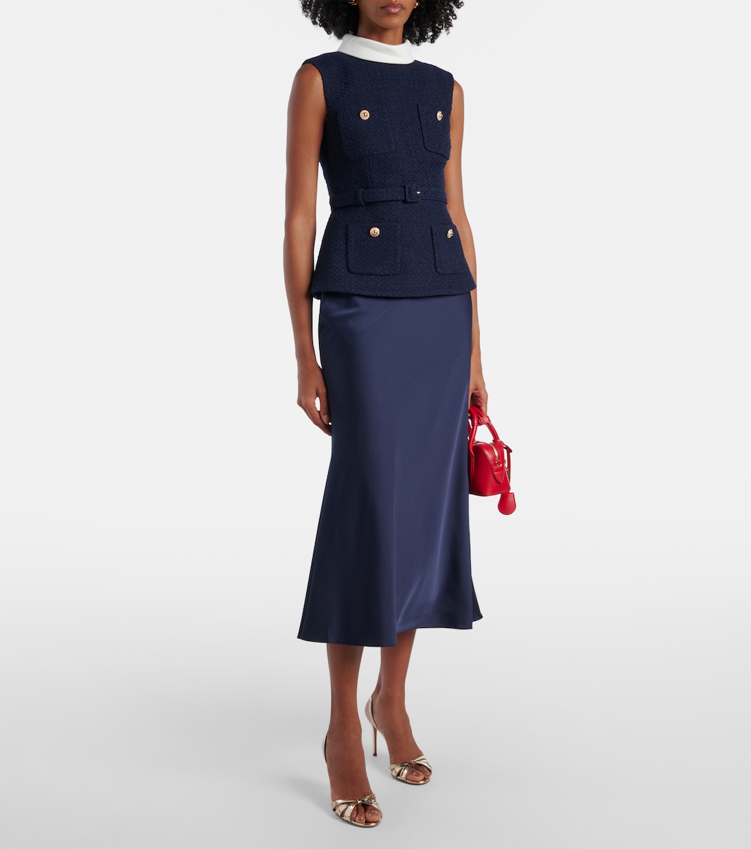 Bouclé and satin midi dress | Self-Portrait