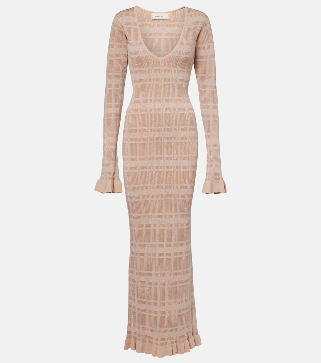 Ether checked ribbed-knit ruffled maxi dress | Bananhot