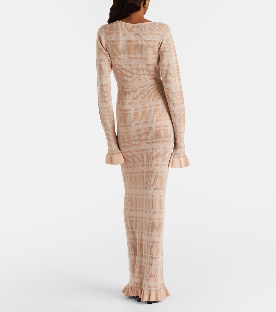 Ether checked ribbed-knit ruffled maxi dress | Bananhot