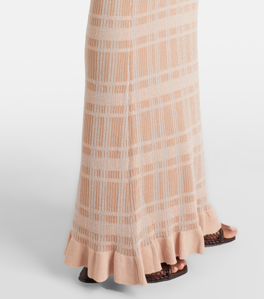Ether checked ribbed-knit ruffled maxi dress | Bananhot