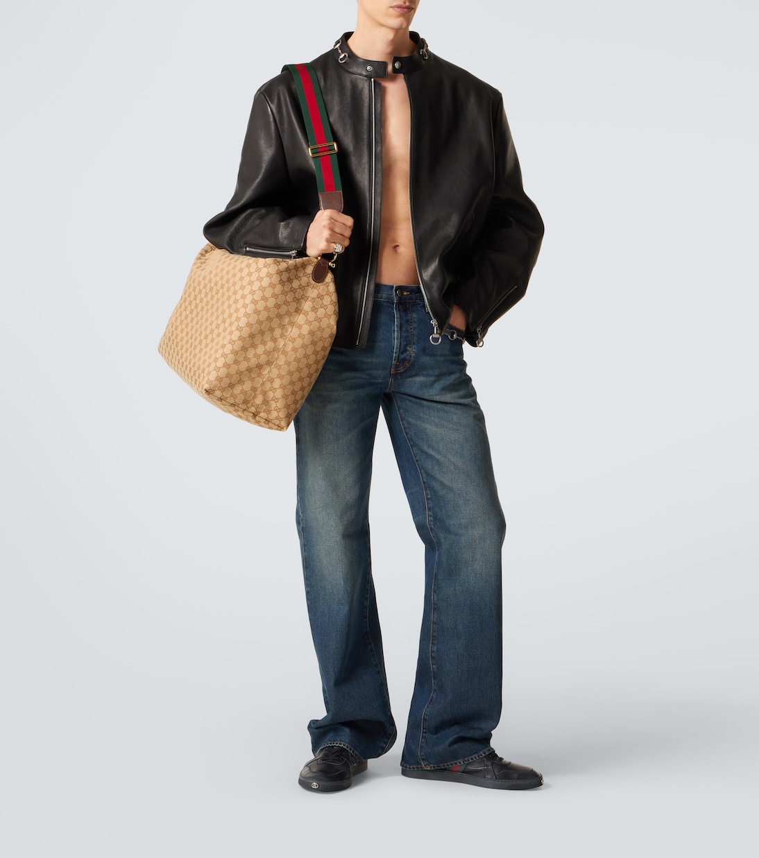 Stretch Web Stripe leather sneakers | Gucci