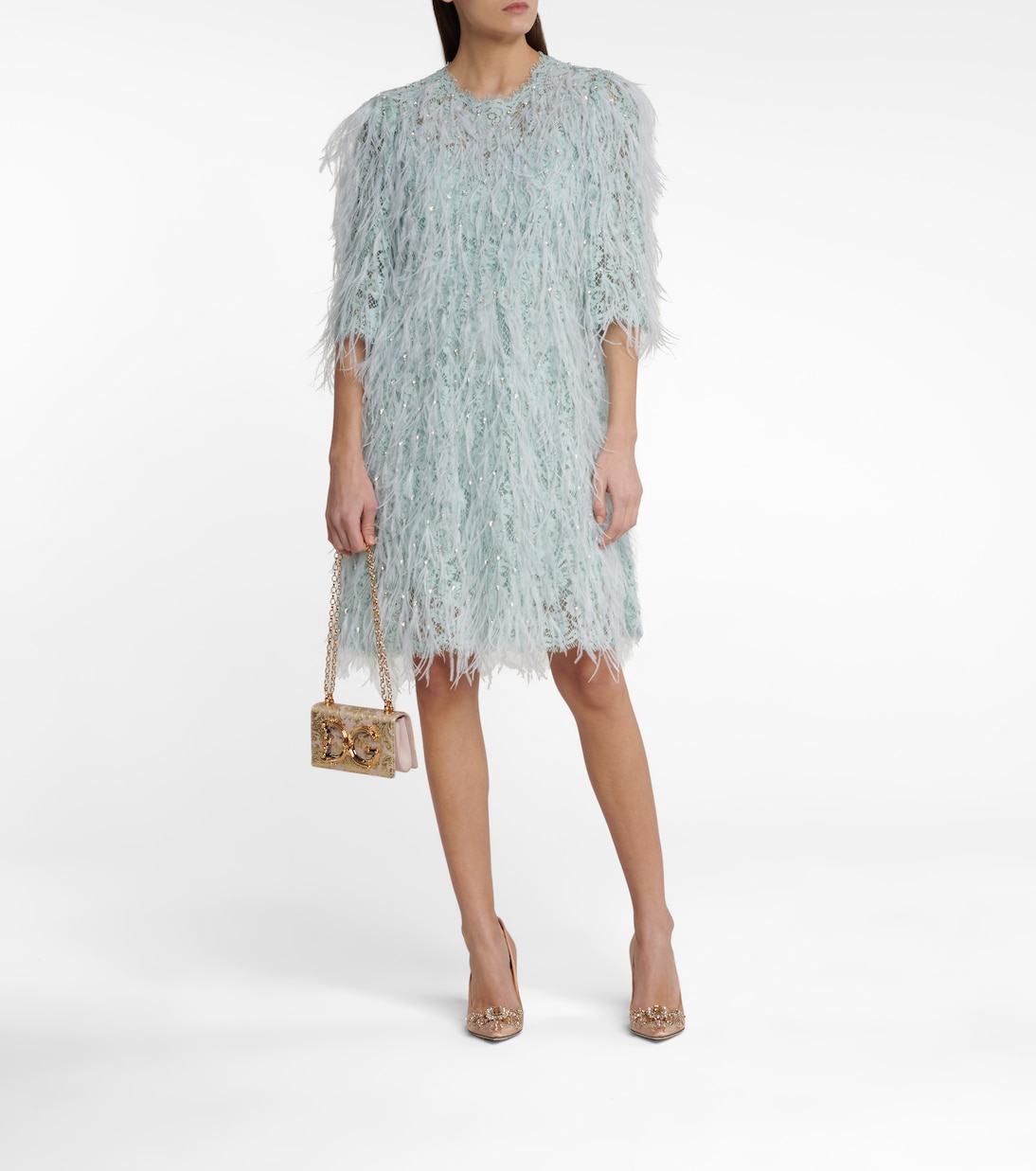 Vestido corto de encaje con plumas | Dolce&Gabbana