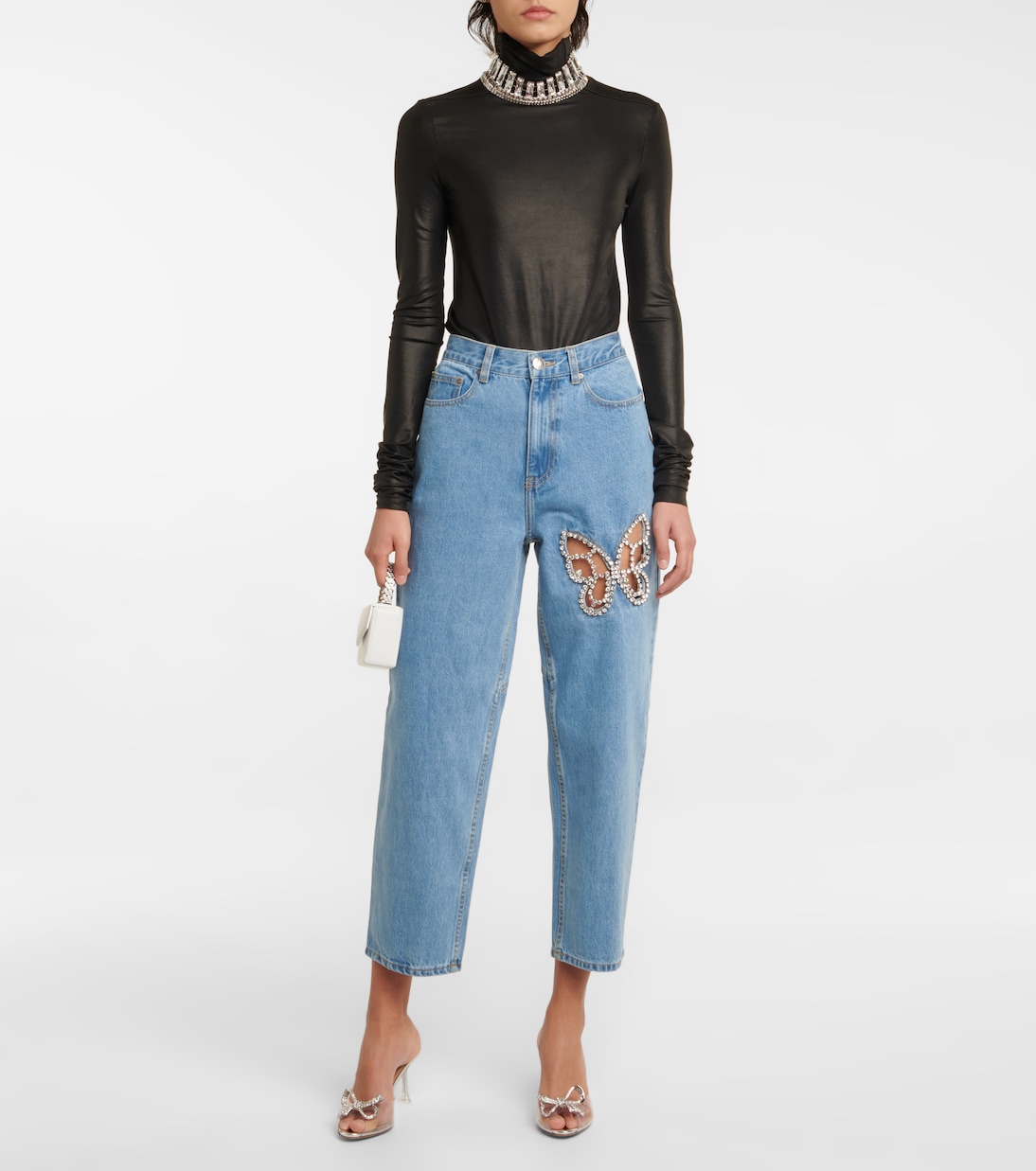 Embellished cutout high-rise straight jeans | Area